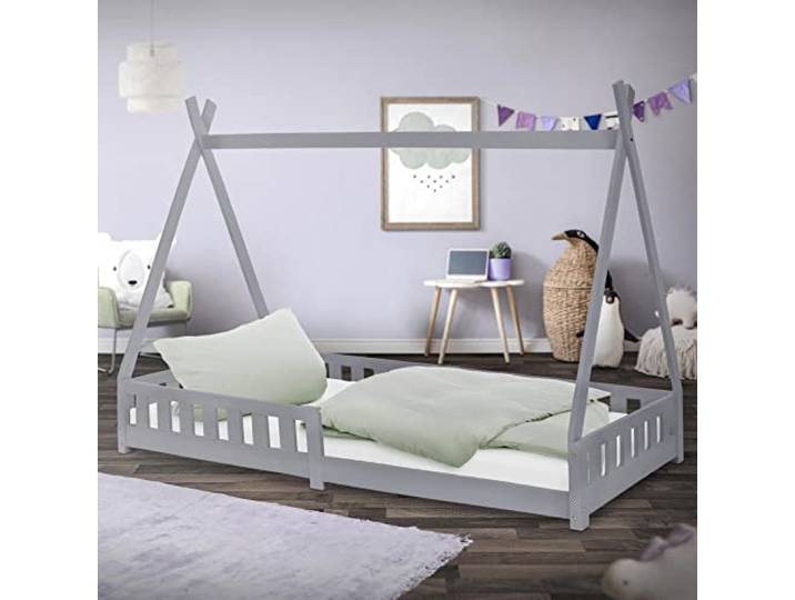 ML-Design Kinderbett Tipi 90x200 cm Hellgrau mit Rausfallschutz und Lattenrost, aus Kiefernholz, Indianer Bett für Mädchen & Jungen, Hausbett mit Zaun, Bodenbett Kinderhaus Jugendbett Spielbett Zelt