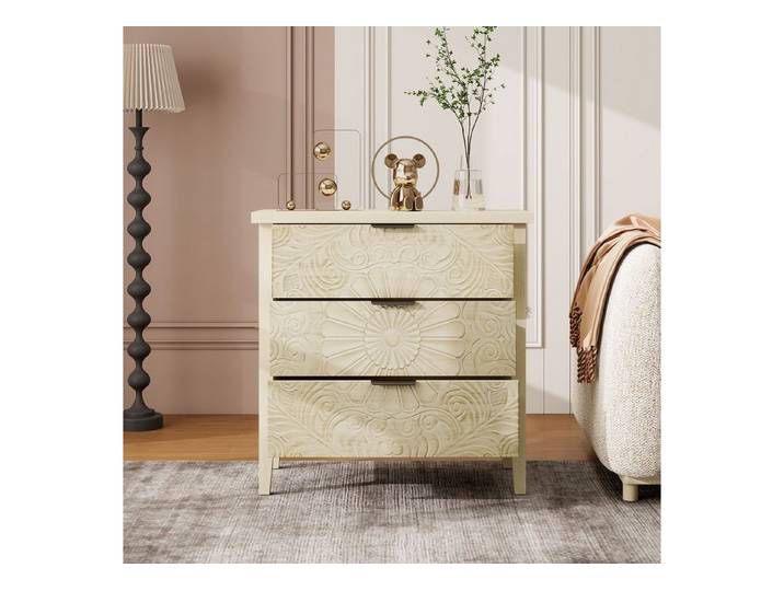 Odikalo Kommode Beistellschrank in Naturholzoptik Geeignet für Wohnzimmer Beige (dreischubladiger Stauraumschrank mit Reliefdesign. Die austauschbaren Schubladenfronten bieten verschiedene visuelle Effekte)