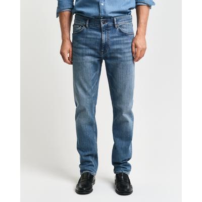 Regular-fit-Jeans GANT "REGULAR GANT JEANS", Herren, Gr. 29, Länge 34, blau (mid blau worn in), Denim/Jeans, Obermaterial: 97% Baumwolle, 2% Polyester, 1% Elasthan, regular fit, Jeans