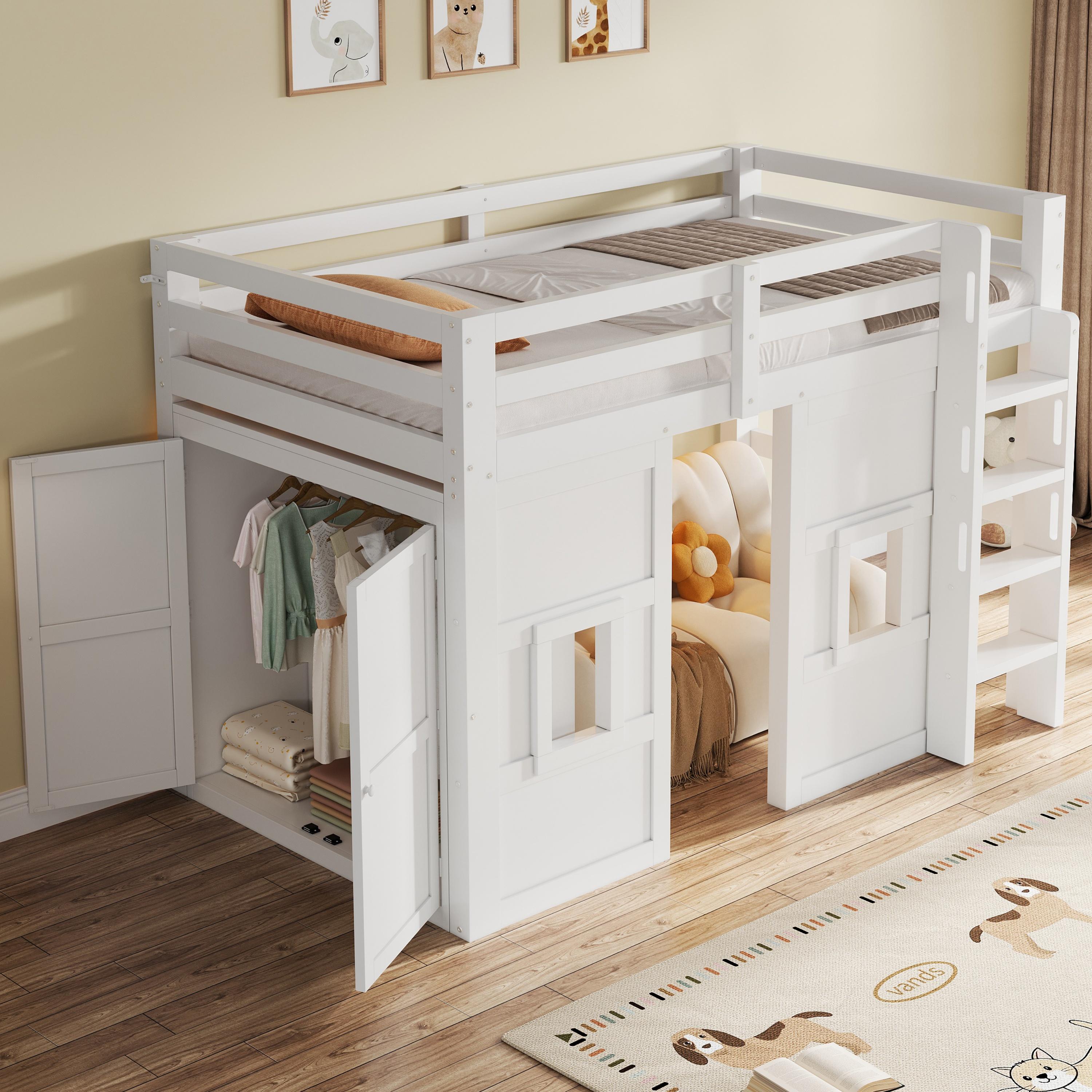 Flieks Etagenbett 90x200cm mit integriertem Kleiderschrank, Kinderbett mit Fenstern, Hochbett Einzelbett mit Lattenrost und Leiter, Weiß