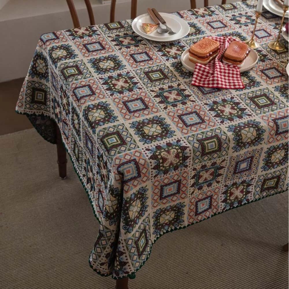 INF Nappe de table à carreaux rétro française - Motifs géométriques brodés, décoration anti-poussière L
