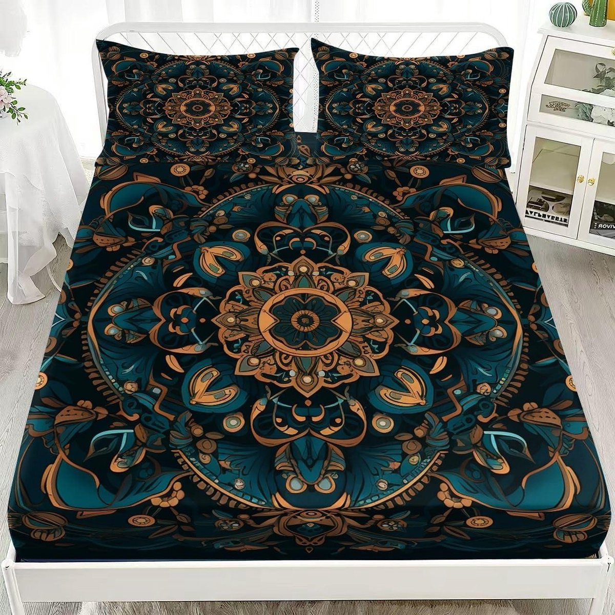 Hoeslaken eenpersoonsbed met Bohemen Mandala print in blauw - 90 x 200 x 30 cm