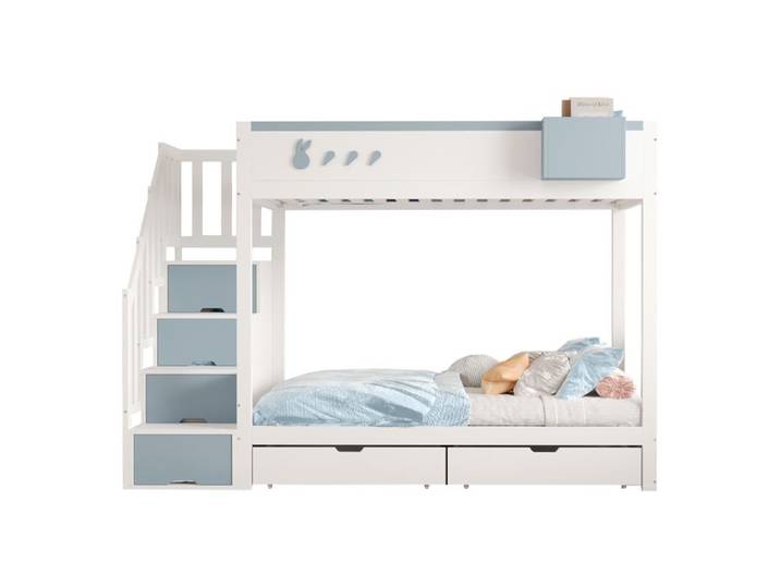 Lit superposé pour enfant - 90x200 cm - Blanc - Échelle de sécurité - Tiroirs de rangement