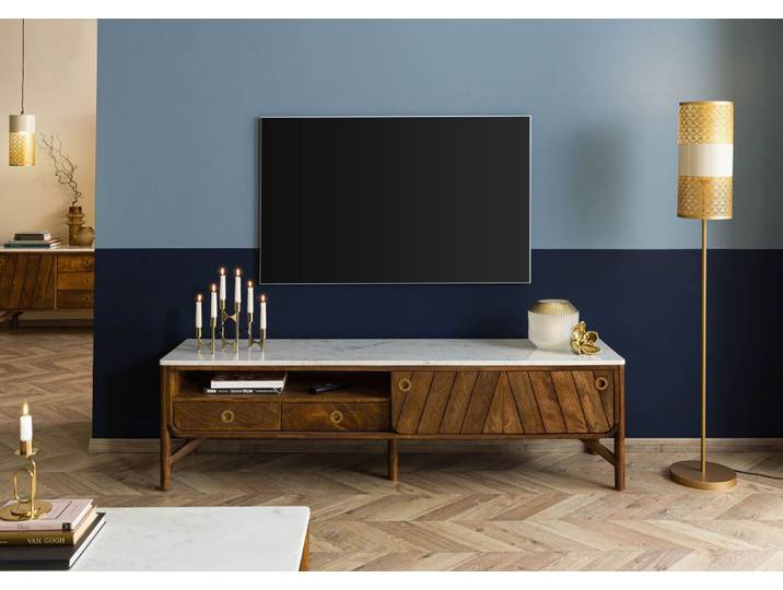 Meuble TV Manguier 180x45x50 marron huilé / marbre véritable LOS ANGELES #02