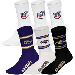 NFL Unisex Socken, 6er Pack - NFL Teams, 6Pack Crew Socks, Football, Logo, Baumwollmischung Baltimore Ravens/Weiß / 39-42