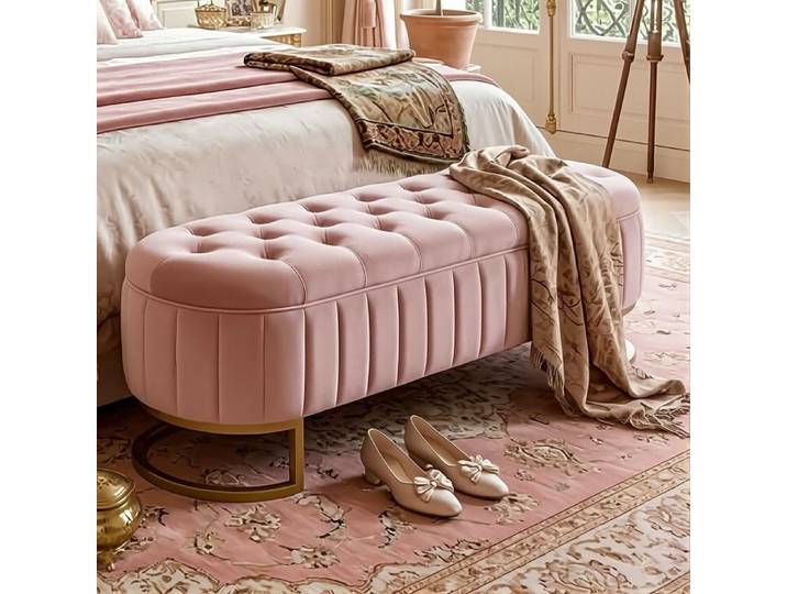 Banc de Rangement 120x40cm - Coffre de Chambre - Bout de Lit Rembourré - Pieds Métalliques - Velours Rose