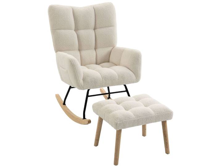 Fauteuil à bascule avec repose-pieds tissu bouclette crème