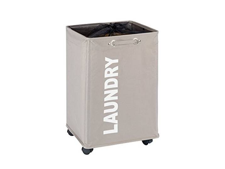 WENKO Wäschesammler Quadro Taupe, Stabiler Wäschekorb, Wäschetonne mit Rollen, Wäschetruhe mit Griff, 100% Polyester, Fassungsvermögen 79 L, 140 x 60 x 33 cm