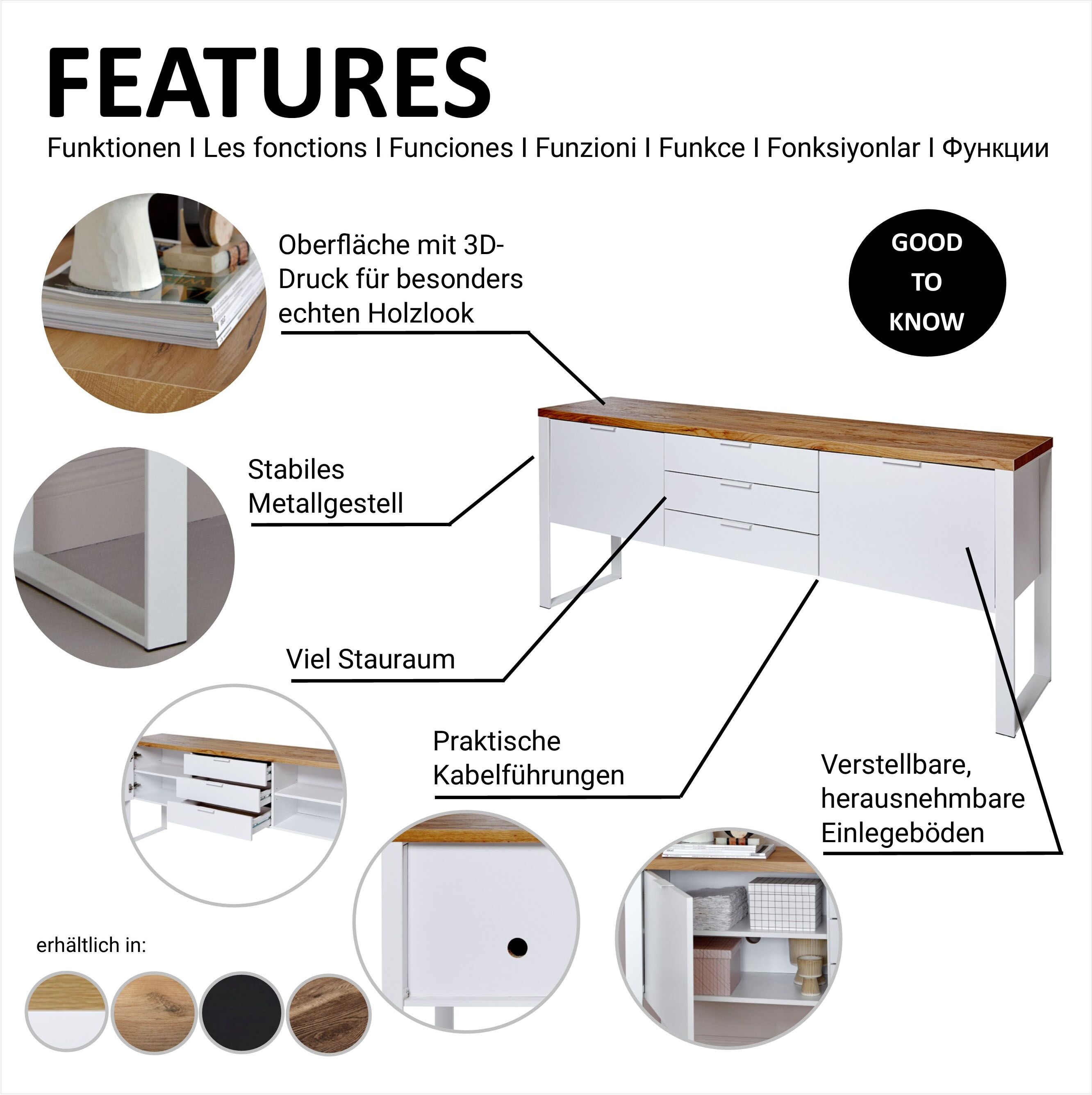 Sideboard JAHNKE "LOOP SB 180", schwarz, B:180cm H:76,2cm T:39,5cm, Holzwerkstoff, Metall, Sideboards, Sideboard, Sideboard,2 Türen + 3 Schubladen, Metallrahmen, Breite 180 cm