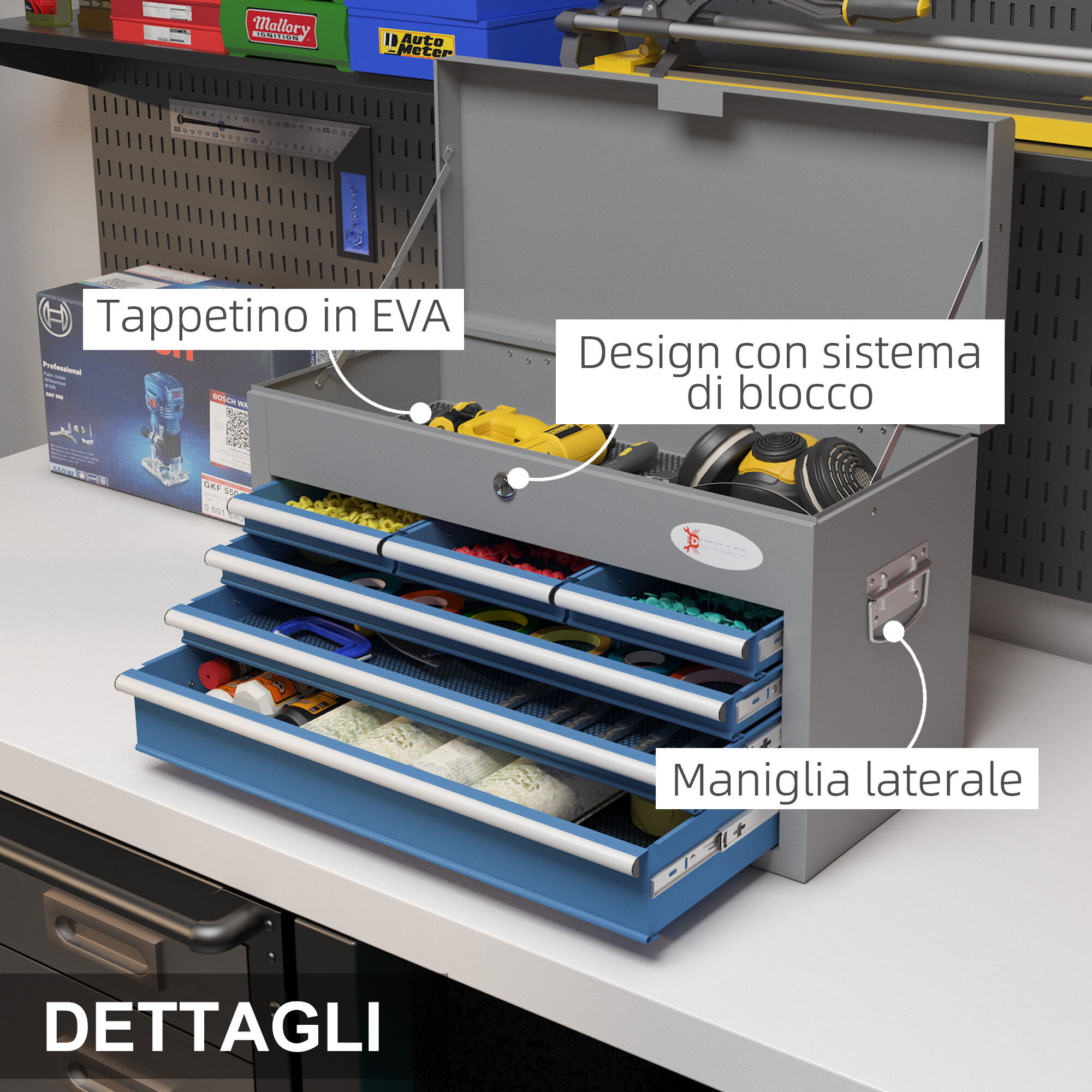 Altro Cassetta Attrezzi In Acciaio Con 6 Cassetti, Un Bauletto E 2 Chiavi, 60x26x34 Cm. Blu