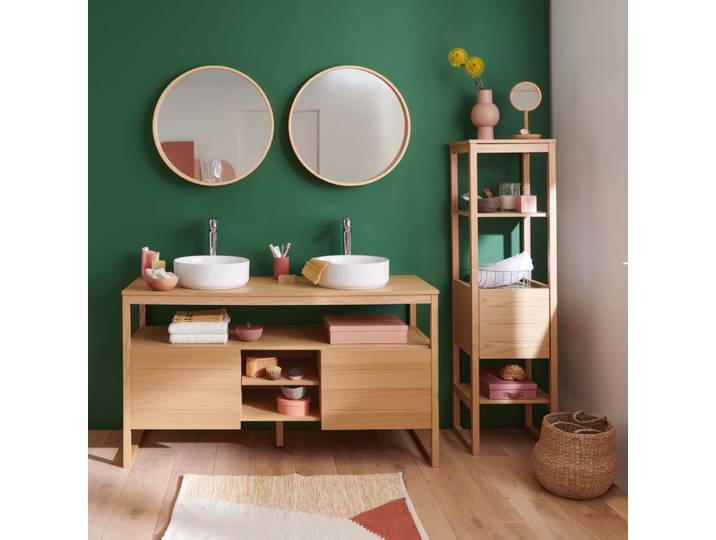Meuble sous vasque plaqué chêne naturel 140cm+vasqueblanche+miroir+co