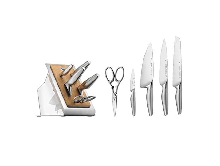 WMF Chef's Edition Messerblock mit Messerset 6teilig, Made in Germany, 4 Messer geschmiedet, Schere, Bambus-Block, Kunststoff, Performance Cut