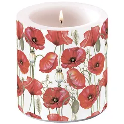 Ambiente Stumpenkerze Paraffin 7,5x9cm mit Mohnblumen Motiv - Tischkerze Blockkerze Zylinderkerze Kerzendeko Dekokerze Weiß Rot