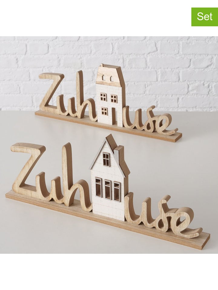 Boltze 2er-Set: Dekoaufsteller "Haus" in Hellbraun - (B)46 x (H)19 cm - onesize