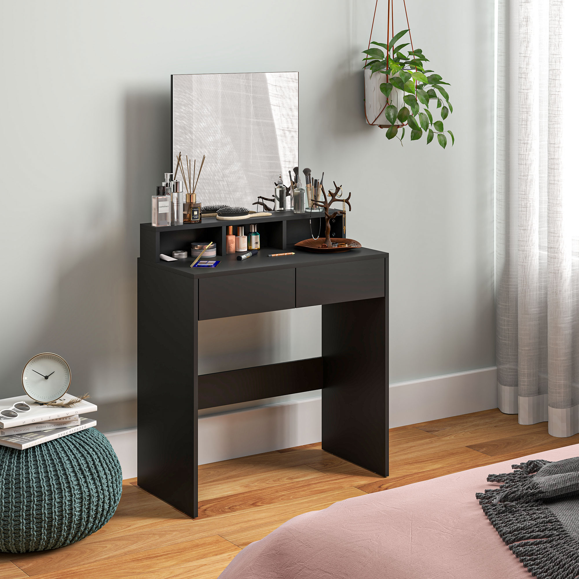 Homcom Tavolo da Trucco con Specchio 2 Cassetti 3 Scomparti Tavolo per Camera da Letto 75x38x135 cm Nero   Aosom Italy
