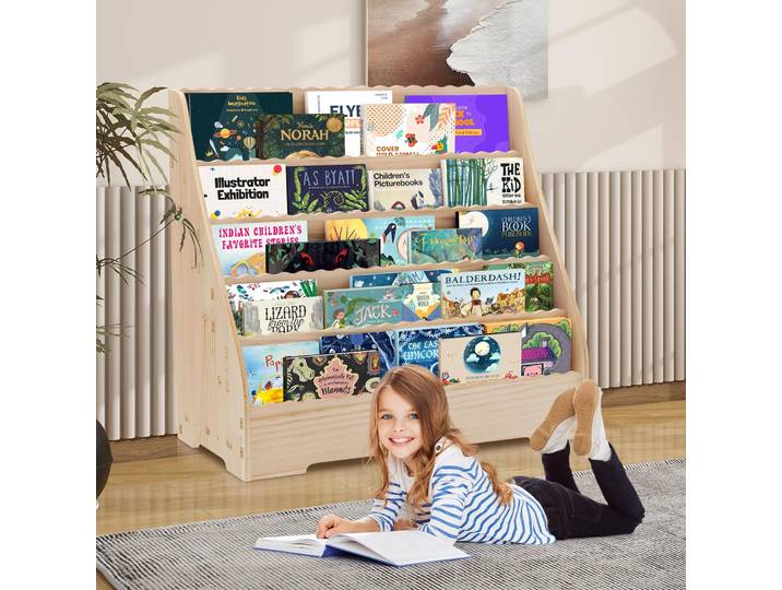 Étagère à livres pour enfants à 5 niveaux avec présentoir orienté vers l'avant, étagère sécurisée anti-basculement pour enfants, rangement de livres en bois pour chambre d'enfant ou salle de jeux