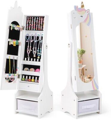 Costway Kids Jewelry Armoire Cabinet with Storage and 2 Tilt Angles-White