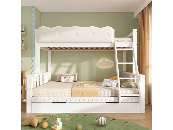 Lit superposé familial 90x200/140x200 cm en bois blanc avec tiroirs