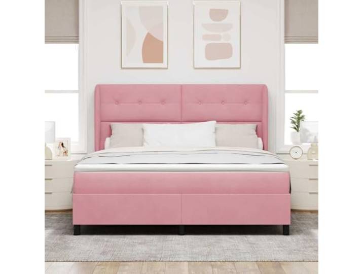 KTHLBRH Doppelbett Rosa Samt 200 x 180 cm Verstellbares Kopfteil, Taschenfederkernmatratze, massives Kiefernholz, 2 Höhen