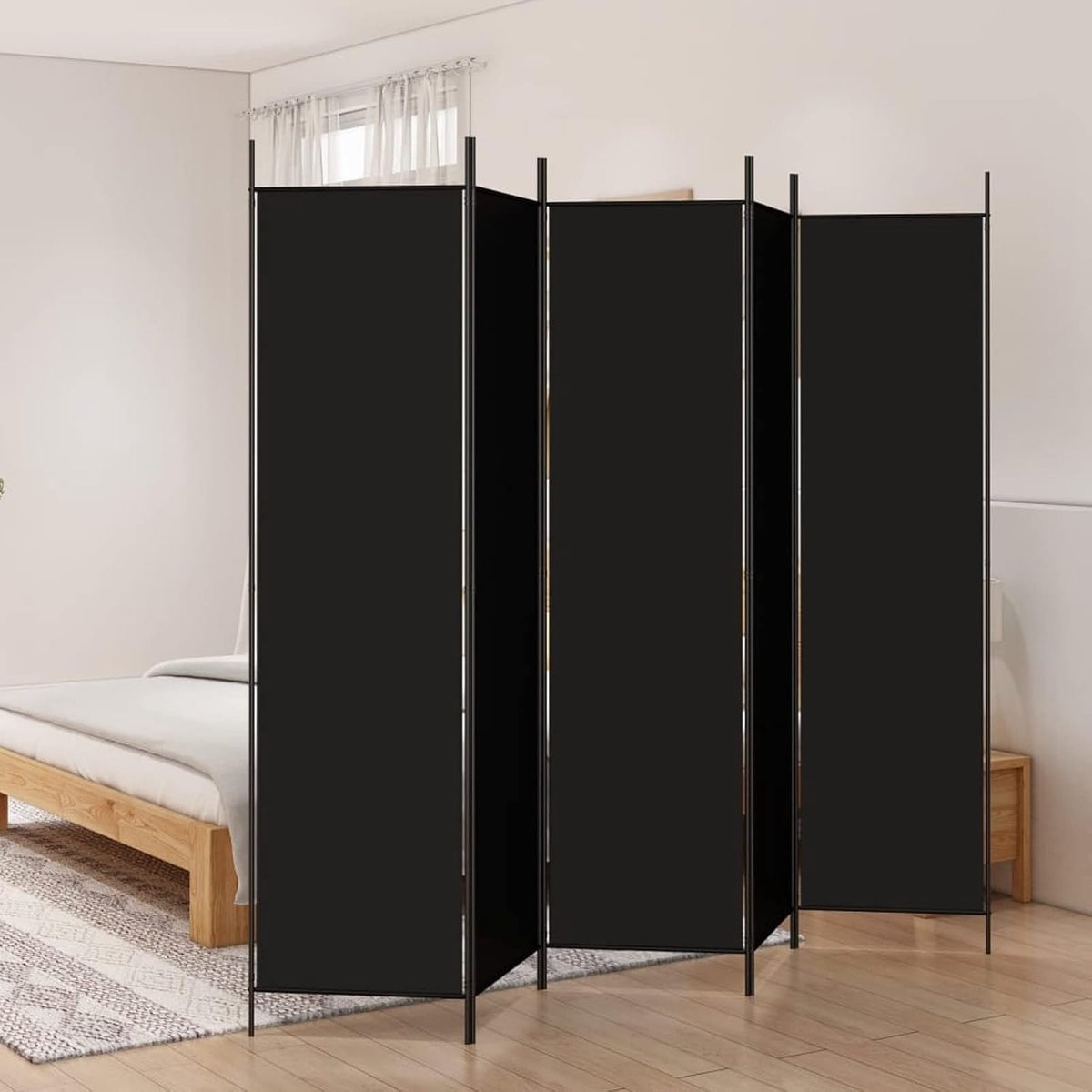 Opvouwbaar windscherm met 5 panelen van zwarte stof en staal, 250 x 200 cm
