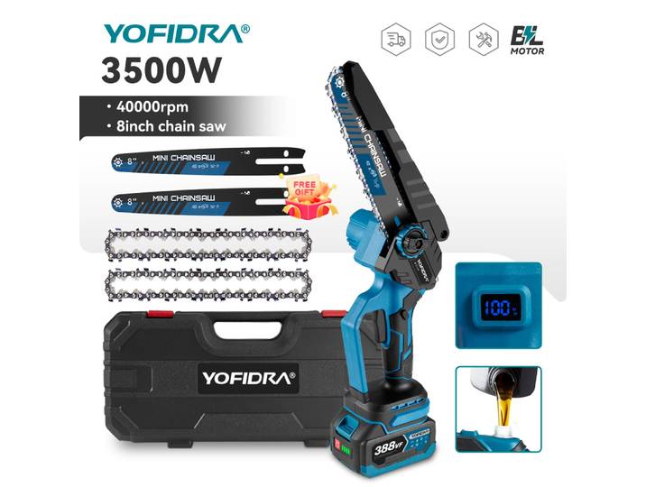 YOFIDRA 8 pouces tronçonneuse électrique sans brosse 3500W portable travail du bois taille scie à chaîne outil électrique pour Makita batterie broche