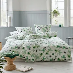 Cotonea Bio-Satin Bettwäsche Grüne Pflanzenwelt Kissenbezug einzeln 40x80 cm - grün;weiß