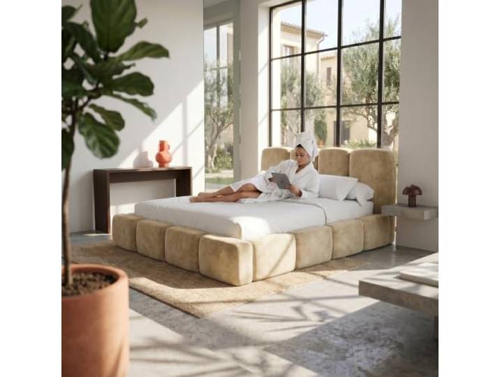 Muffo Polsterbett mit Bettkasten Velours 180x200 Beige Doppelbett, Stauraum, klappbarer Metalllattenrost, Hebemechanismus, gepolstertes Kopfteil, Whisper