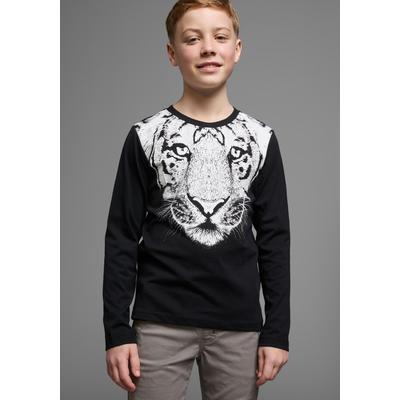 Langarmshirt KIDSWORLD "WHITE TIGER", Jungen, Gr. 176/182, schwarz, Jersey, Obermaterial: 100% Baumwolle, bedruckt, Basic, Rundhals, Shirts Langarmshirt, Basic Passform, stylischer Druck, Rundhalsausschnitt