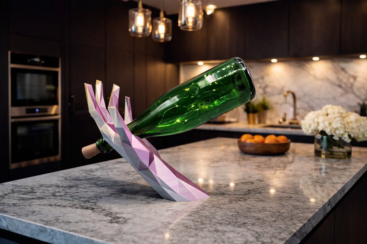 Layerzz Wijnfleshouder met geometrische arm - 3D-geprint - Meerkleurig (Goud, Zilver, Roze)