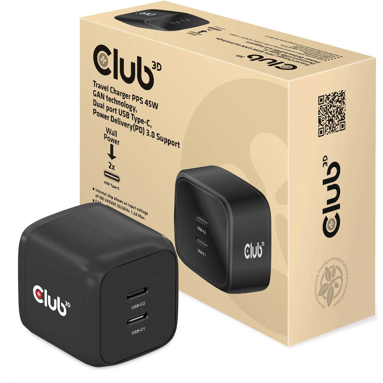 Club 3D Reiseladegerät PPS 45W GAN-Technologie, Dualer Anschluss USB Typ-C, Power Delivery(PD) 3.0 Unterstützung *schwarz*