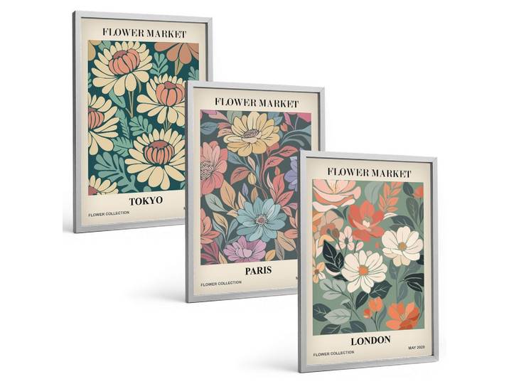 BILDER SET 3er Set - 40x60 cm Silberner Rahmen - Blumenposter Tokio Paris London