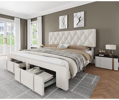 Garvee Full Size Bed Frame with Storage Drawers, Mattress Foundation with Solid Wooden Slats Support