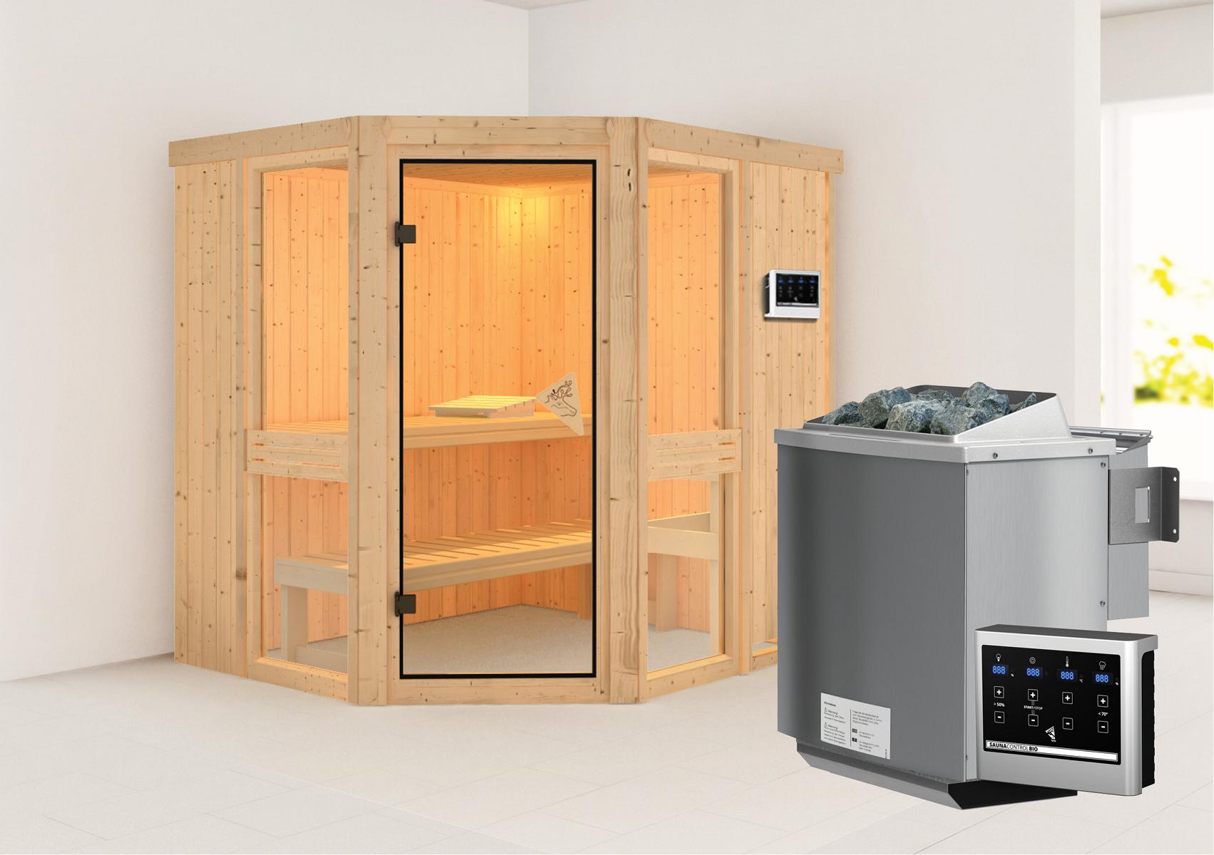 KARIBUHOLZT Sauna Amelia 1 Eck, 9kW Bio ext. Strg bronz.GGT 08298132