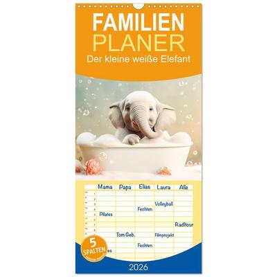 Familienplaner 2026 - Der kleine weiße Elefant mit 5 Spalten (Wandkalender, 21 x 45 cm) CALVENDO