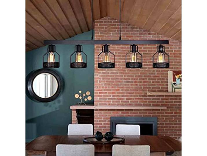 DHGIE Retro Pendelleuchte Für Kücheninsel Rustikal Schwarz Metall Lang Esstischlampe Hängeleuchte Mit 5 E27 Glühbirnen-Fassungen Industriell Hängelampen Küche Kronleuchter