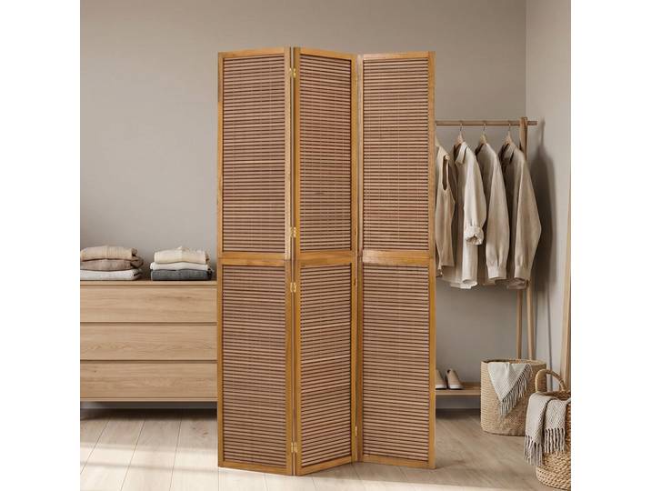 Homestyle4u Paravent 3-tlg. 120/200 cm Braun Bambusstreben, Holz, 120x200x2 cm, Wohnzimmer, Raumteiler, Paravents