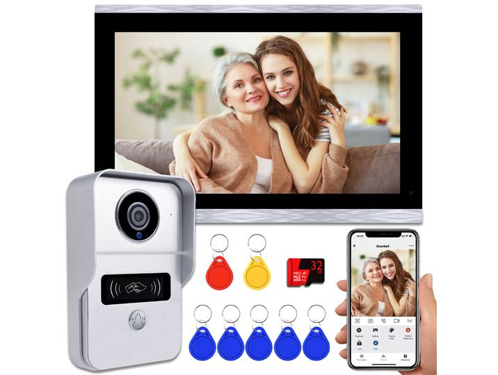Sonnette vidéo Wi-Fi 1080P avec écran tactile 10,1 pouces, interphone vidéo intelligent pour maison connectée, kit d'enregistrement sur carte 32 Go, compatible Tuya, déverrouillage par ID, 4 fils