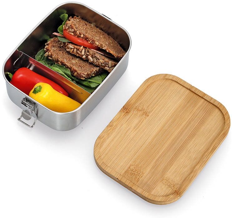 Lunchbox ZELLER PRESENT, braun (silber, natur), B:13,5cm H:7cm L:18,4cm, Bambus, Edelstahl, Lebensmittelaufbewahrungsbehälter, Lunchbox, hochwertige Edelstahl Brotdose silber, natur B/H/L: 13,5cm x 7cm x 18,4cm