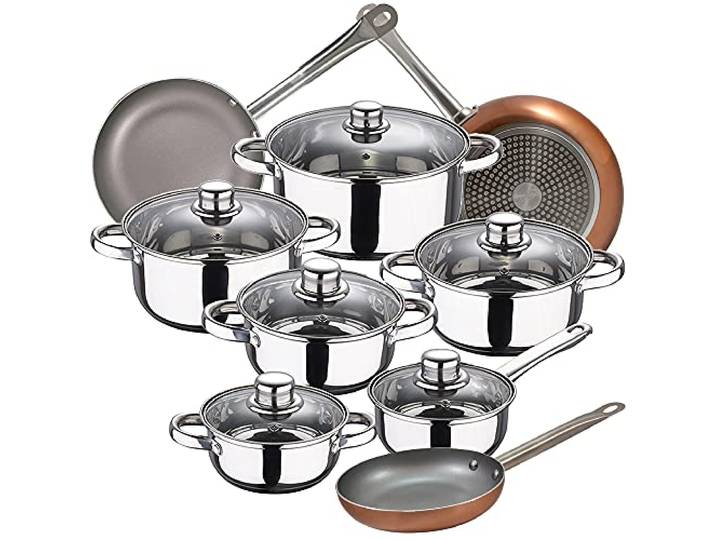 SAN IGNACIO Cassel 12-teiliges Kochgeschirr aus Edelstahl mit Bratpfanne (18/22/26 cm) SAN IGNACIO Optimum Plus aus gepresstem Aluminium