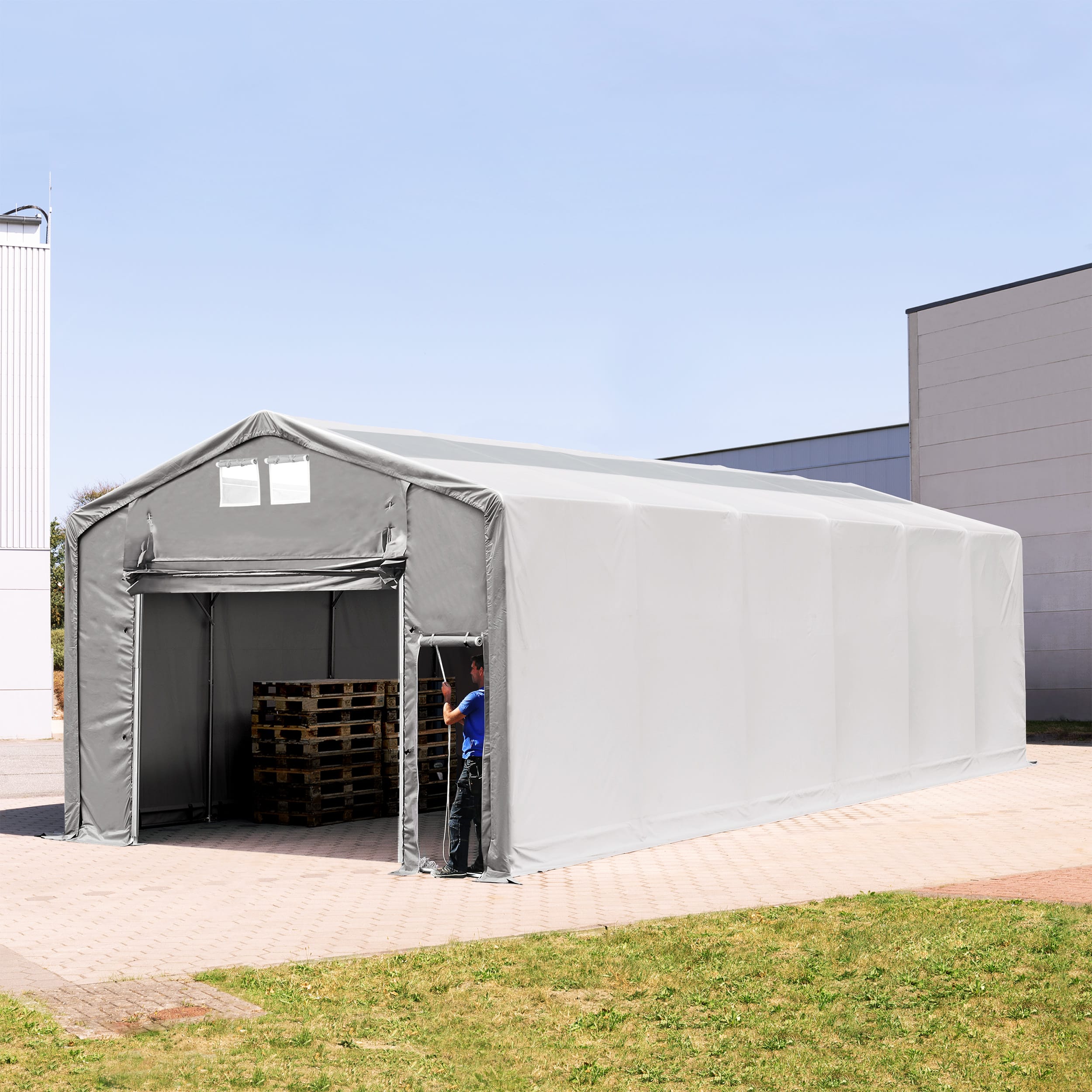 TOOLPORT 6x12m - 3.0m Sides PVC Industrial Tent with pull-up gate and skylights, PVC 850, grey with statics package (concrete anchors) - (94126)