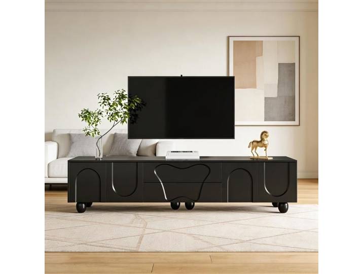 Meuble TV et Divertissement - 180 cm - Noir mat - Pieds bois massif - Rangement spacieux