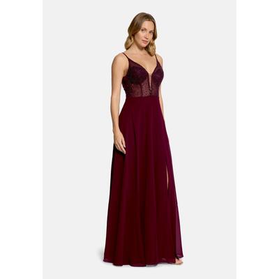 Abendkleid VERA MONT "Damen mit Stickerei", Damen, Gr. 34, Normalgrößen, Stoff, rot (deep dahlia), Stoff, Obermaterial: 100% Polyester. Besatz: 100% Polyamid. Futter: 100% Polyester, festlich, körpernah lang, V-Ausschnitt, Kleider Abendkleid