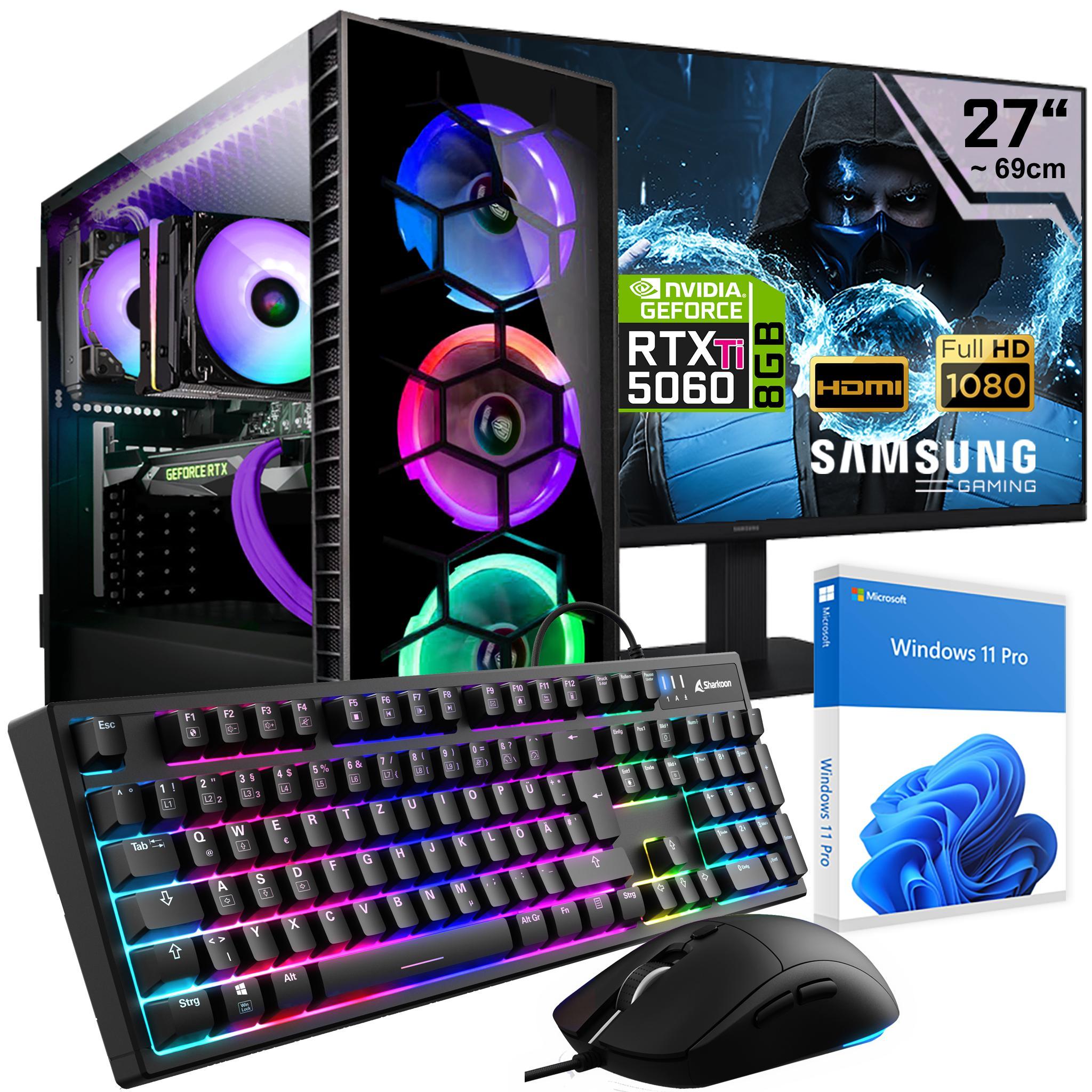 KRAFTPC Gaming PC Komplett-Set AMD Ryzen7 8700F - GeForce RTX5060 Ti 8GB - 1TB M.2 SSD - 32GB DDR5 - Win11 - 27" TFT - Tastatur/Maus - Gamer Pc