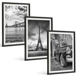 BILDER SET 3er Set - 40x60 cm Schwarzer Rahmen - Stadtansichten, Brücken, Eiffelturm