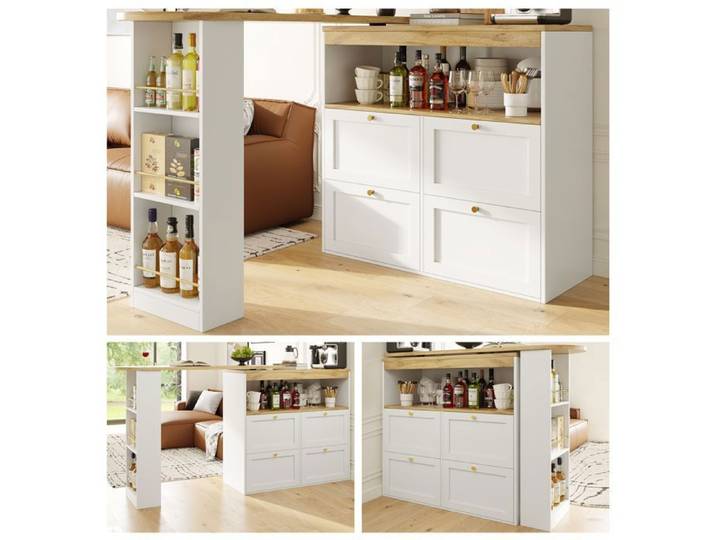Îlot Central Cuisine Blanc Pivotant 360° avec 4 Tiroirs Étagères et Plateau Modulable Cuisine Salon-Norevia