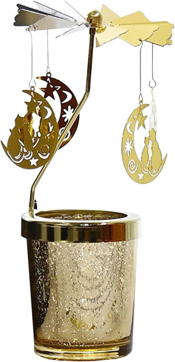 Gouden roterende metalen kandelaar met carrousel design voor sfeervolle tafeldecoratie