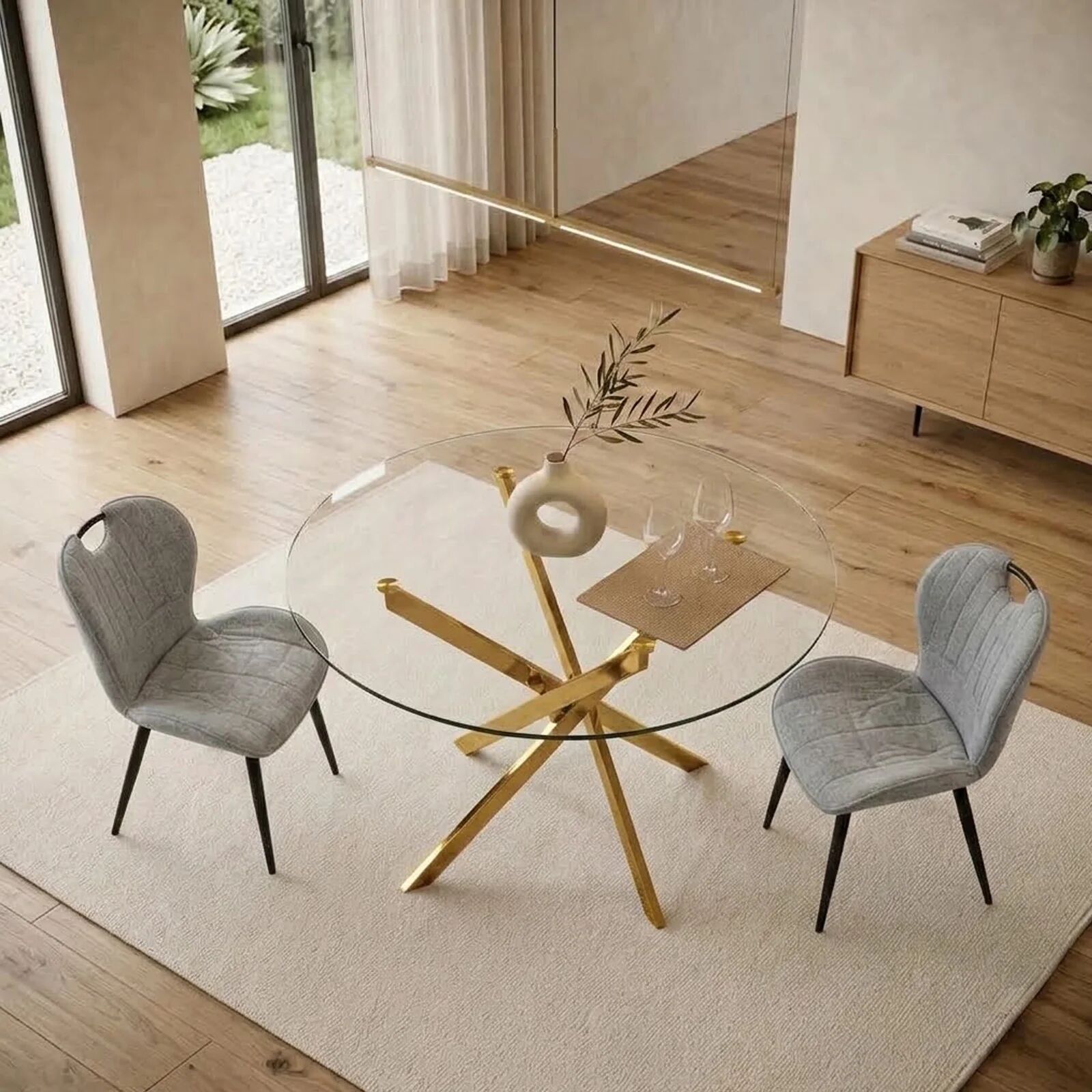 garneroarredamenti Tavolo 100x100cm rotondo in vetro acciaio oro cromato Minerva Gihome®