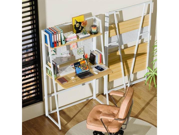 Bureau Pliant avec Etagère et Tableau d'Accessoires Bureau Pliant Compact pour Petits Appartements Stable et Pratique 86x48x138 cm