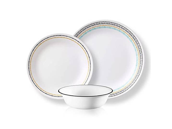 CORELLE Paloma Geschirrset 12 Personen, Vitrelle-Glas, mikrowellengeeignet Tafelservice, bruch- & splitterresistent, backofenfest bis 175°C, spülmaschinenfest, gefriergeeignet, 80% Altglas