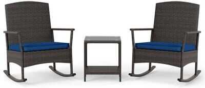 Costway 3 Piece Patio Rocking Set Wicker Rocking Chairs with 2-Tier Coffee Table-Navy